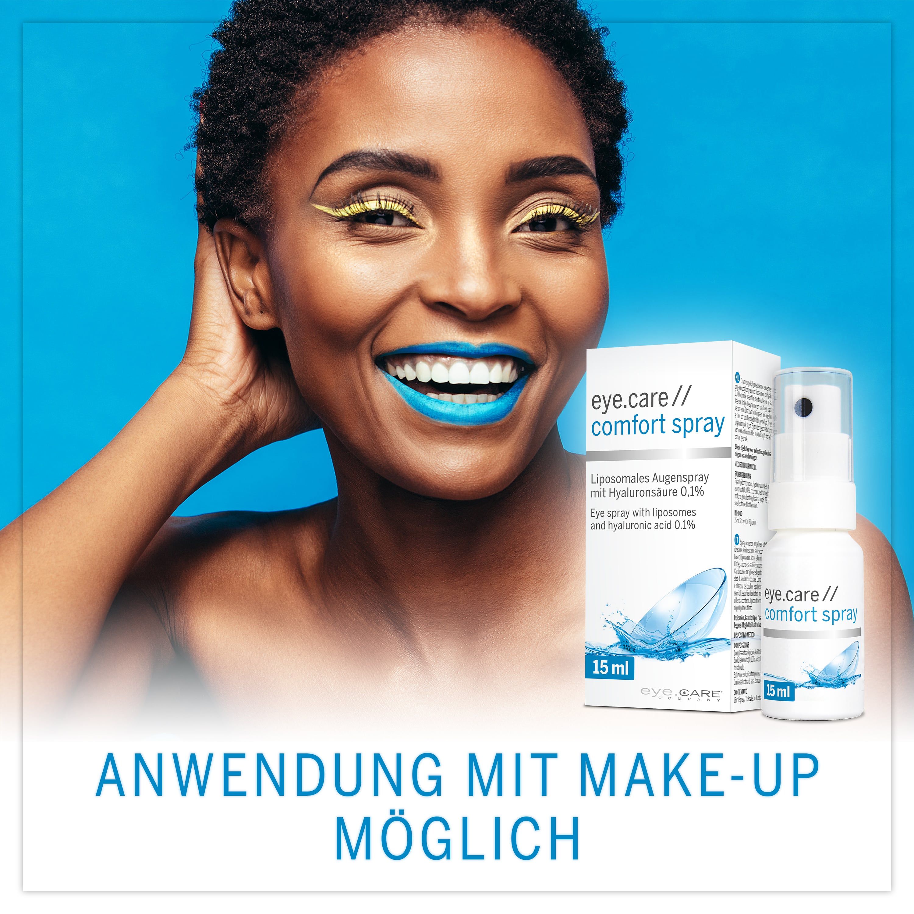 Frau mit Make-up. Augenspray und Verpackung. Fläschchen mit Aufschrift eye.care // comfort spray. Text: Anwendung mit Make-up möglich.