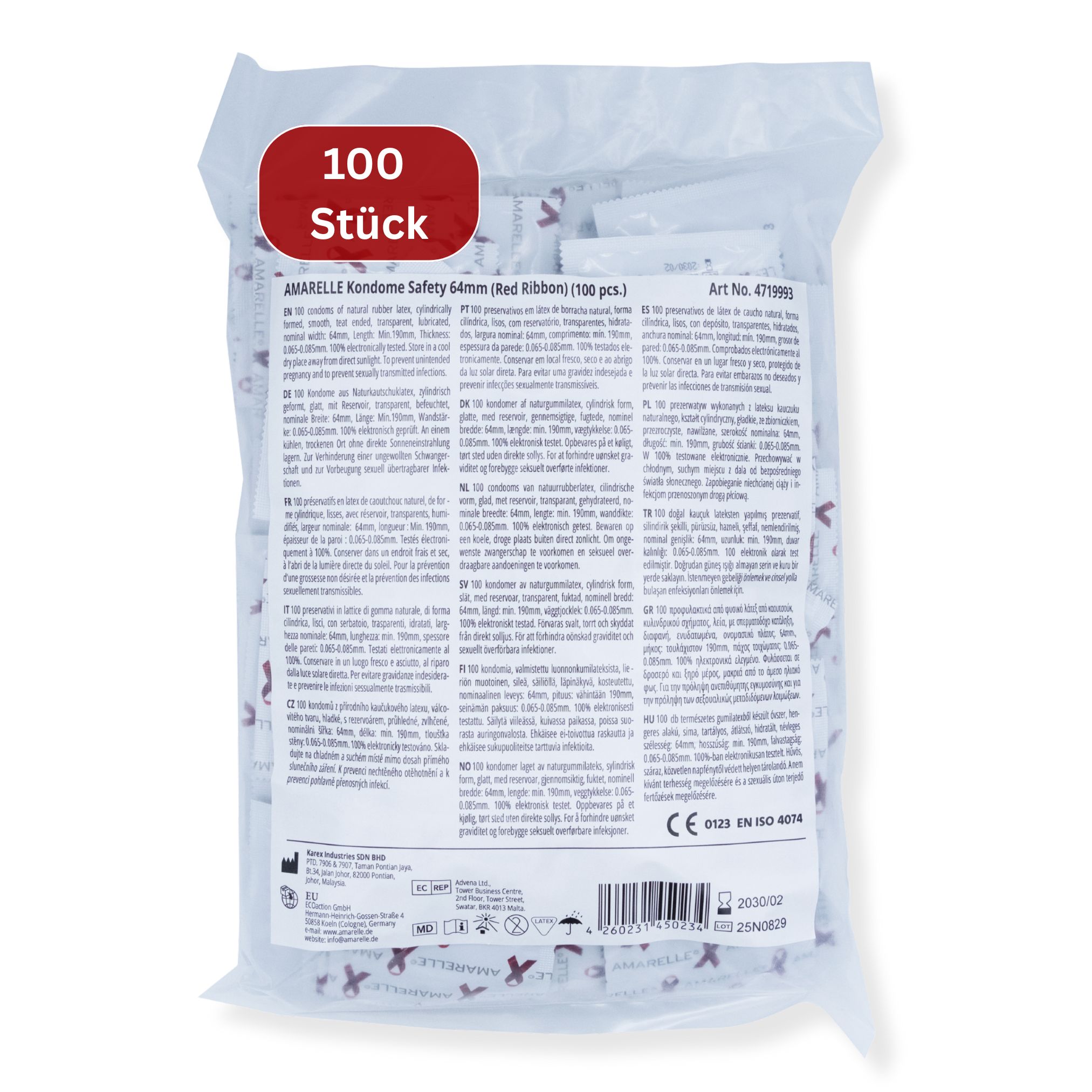 Beutel mit Kondomen. Aufschrift: Amarelle Kondome Safety 64mm (Red Ribbon) (100 pcs). 100 Stück. Verpackung mit Produktinformationen.