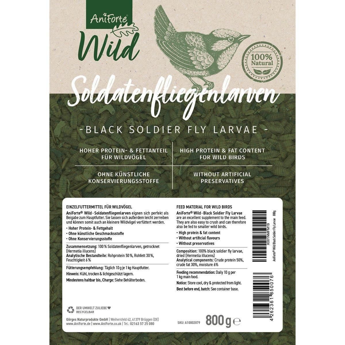 Beutel mit Soldatenfliegenlarven. Aufdruck: AniForte Wild, Text und Logo. 800g.