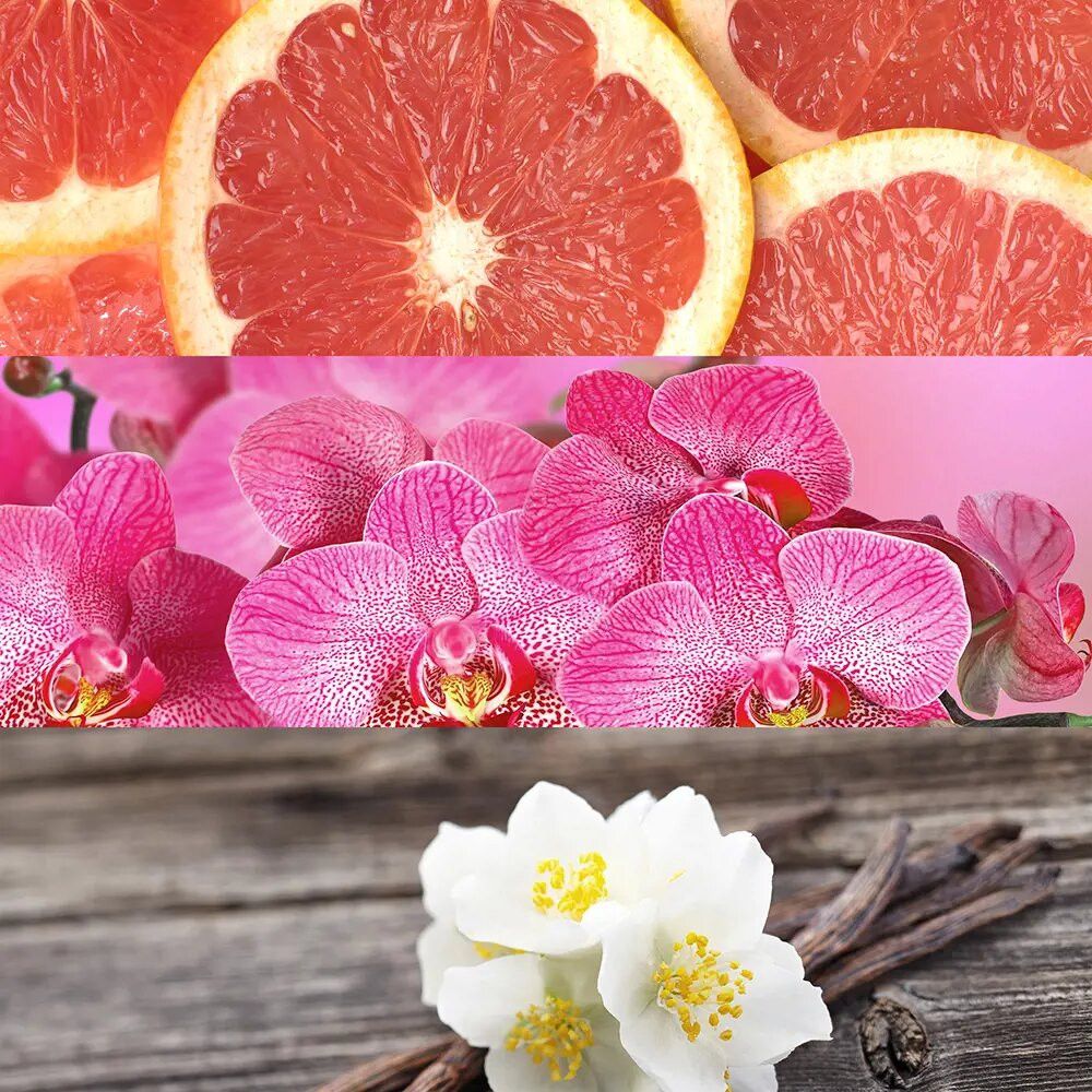 Nahaufnahme von Grapefruit, Orchideen und Jasminblüten. Auf Holzuntergrund.