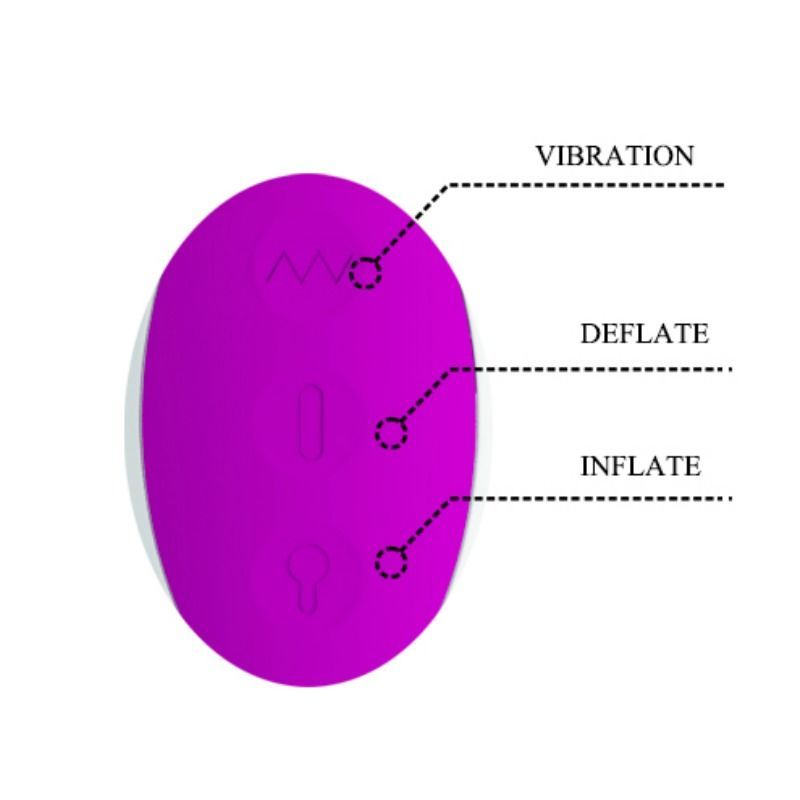 Oberseite eines lila Vibrators mit Tasten für Vibration, Aufblasen und Entleeren.