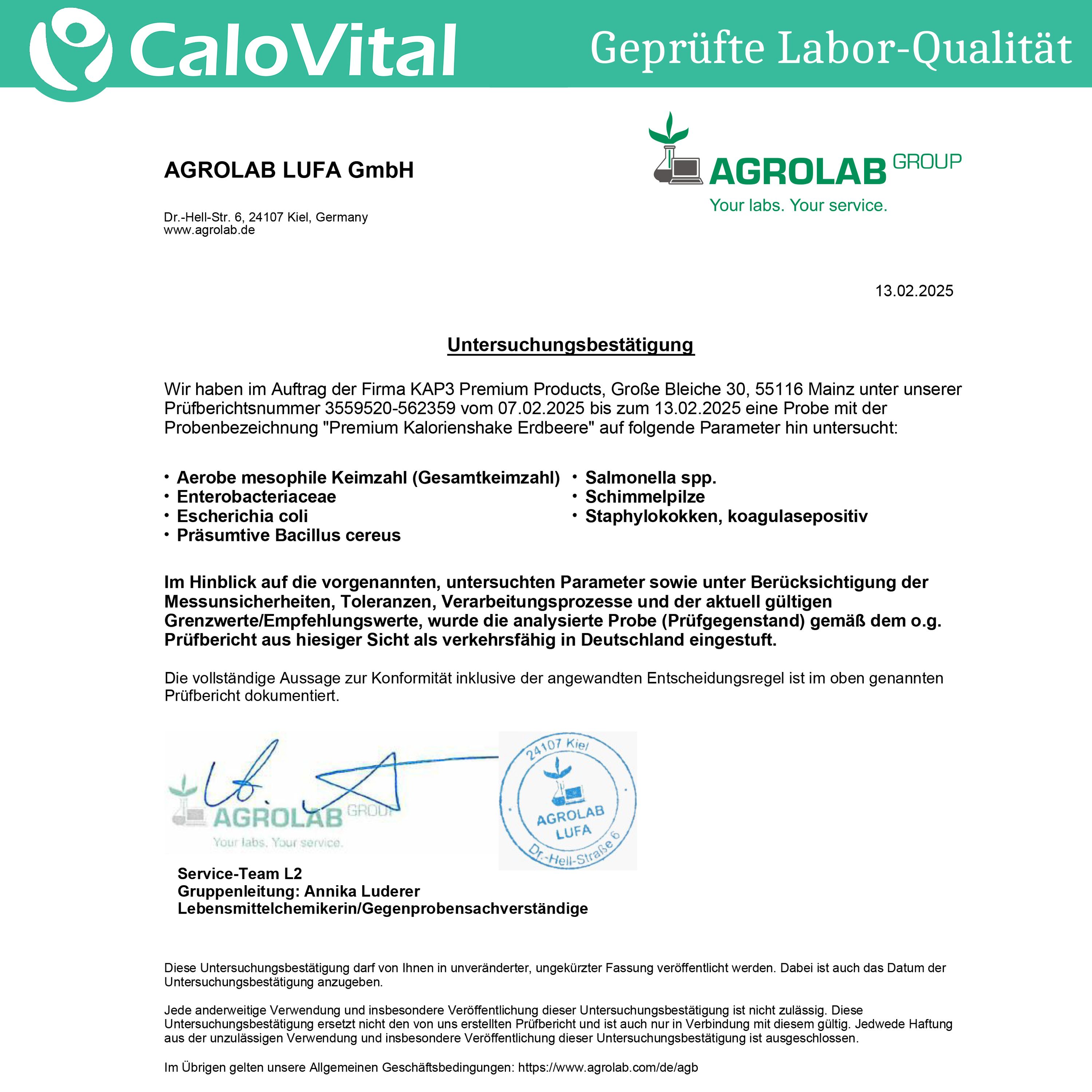 Prüfbericht von AGROLAB LUFA GmbH. Untersucht: Premium Kalorienshake Erdbeere.