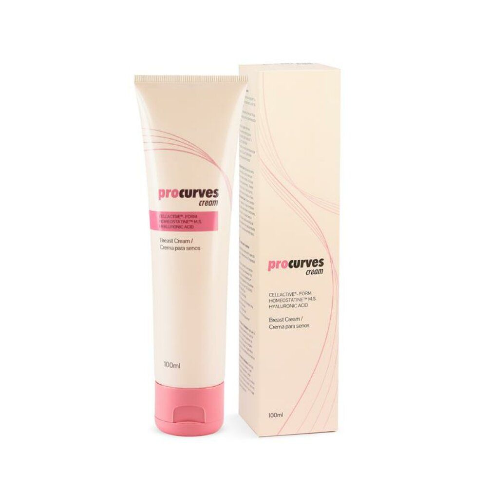 Creme-Tube und Schachtel. Aufschrift: Procurves cream. Brustcreme. Rosa und weiß.