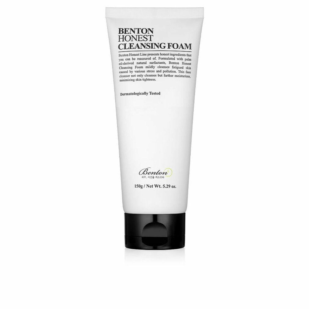 Weiße Tube mit schwarzem Deckel. Text: 'Benton Honest Cleansing Foam'. 'Dermatologisch getestet'.