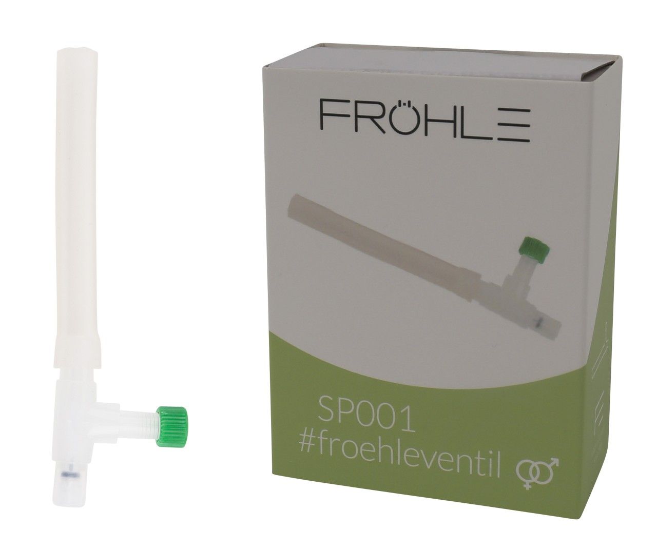 Fröhle SP001 Ventil und Kartonverpackung nebeneinander auf weißem Hintergrund.