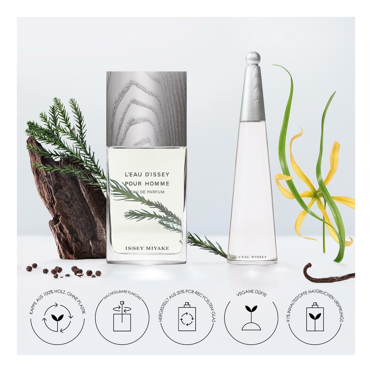 Zwei Flakons, einer mit Holzdeckel, der andere spitz zulaufend. Umgeben von Zweigen, Rinde und Icons. Aufschrift: L'EAU D'ISSEY POUR HOMME.