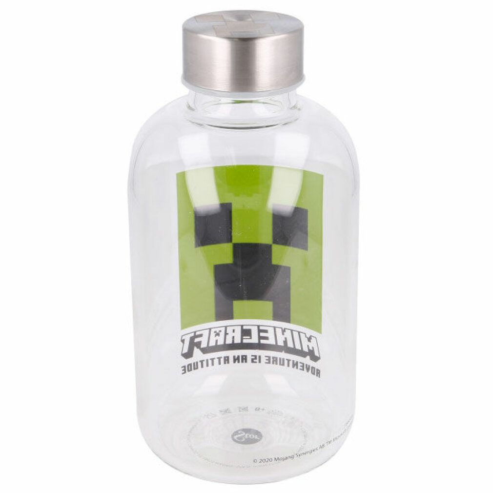 Transparente Glasflasche mit silbernem Deckel. Aufdruck: grünes Minecraft-Gesicht und Schriftzug.