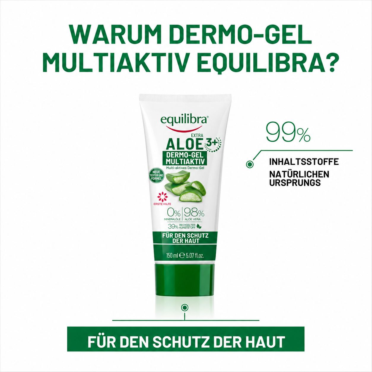 Equilibra Extra Aloe 3+ Dermo-Gel Multiaktiv in weißer Tube mit grünem Deckel.