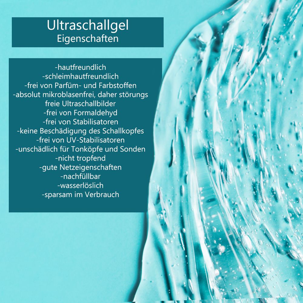 Klarer, viskoser Ultraschallgel mit Textliste der Eigenschaften auf türkisfarbenem Hintergrund.
