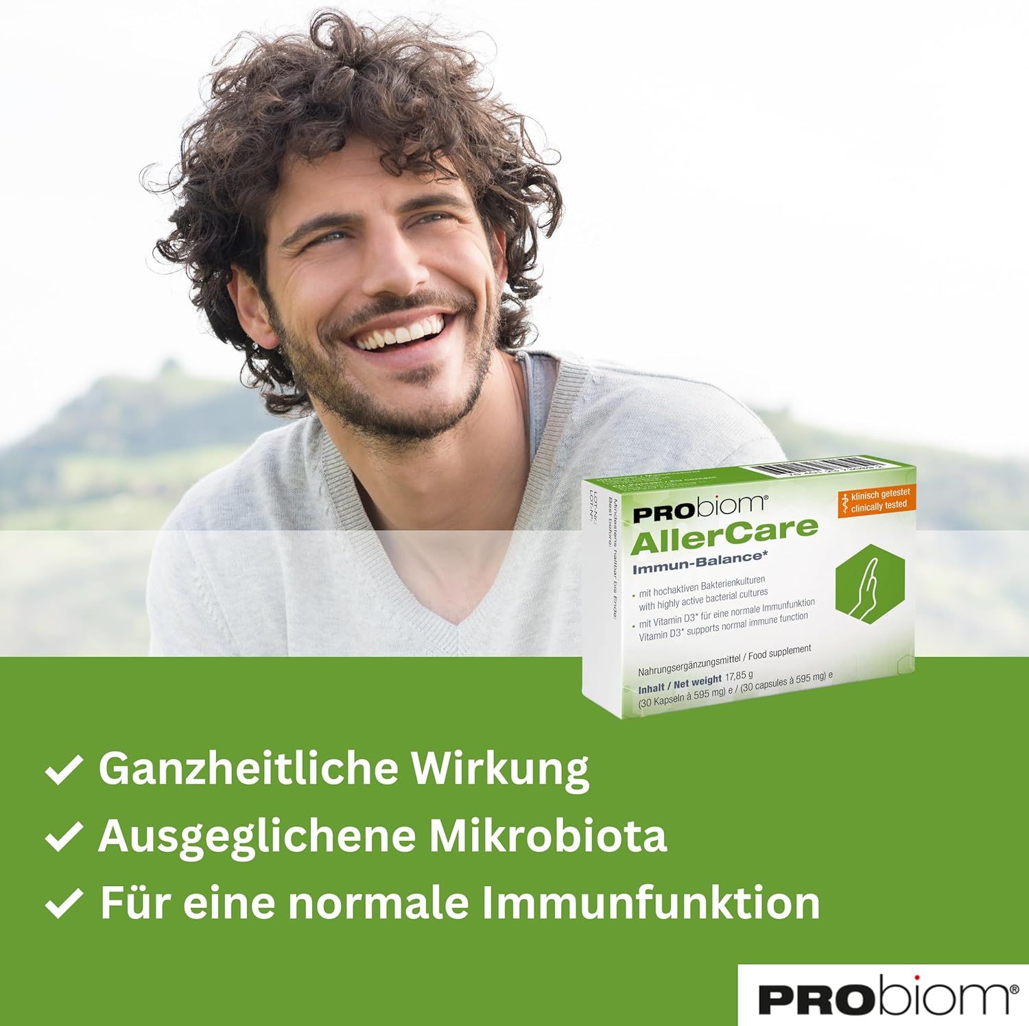 Mann lächelt. Probiom AllerCare-Packung. Text: Ganzheitliche Wirkung, Ausgeglichene Mikrobiota, Für eine normale Immunfunktion.