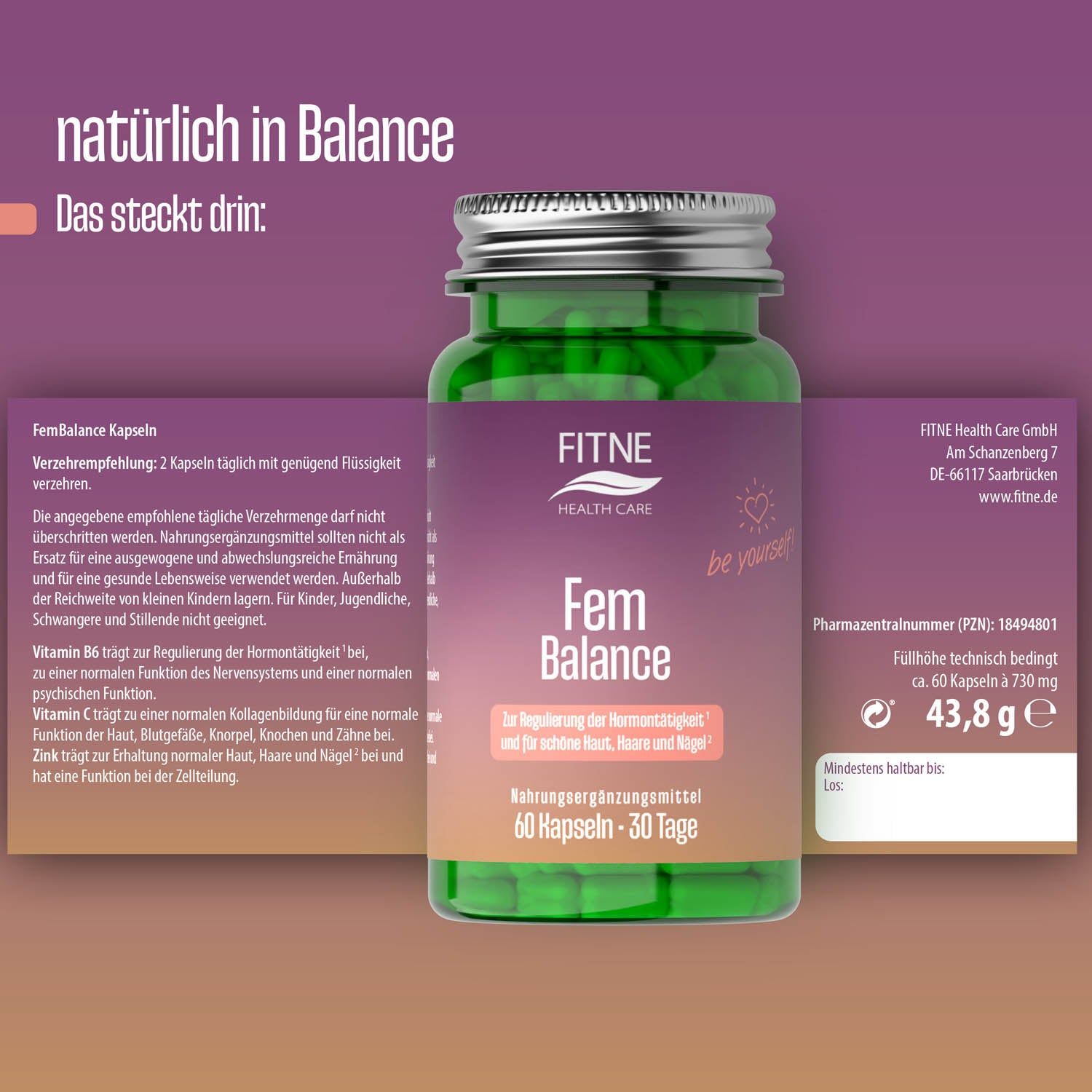 Fem Balance Kapseln, Dose und Schachtel. Text: Fem Balance, 60 Kapseln, 30 Tage. Inhaltsstoffe und Anwendungshinweise. FITNE Health Care Logo.