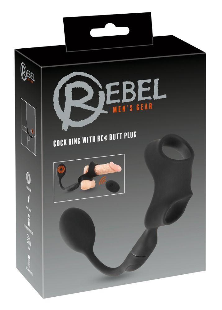 Verpackung mit Produktabbildung. Schwarzer Penisring mit Hodenring und Analplug. Text: Rebel Men's Gear.
