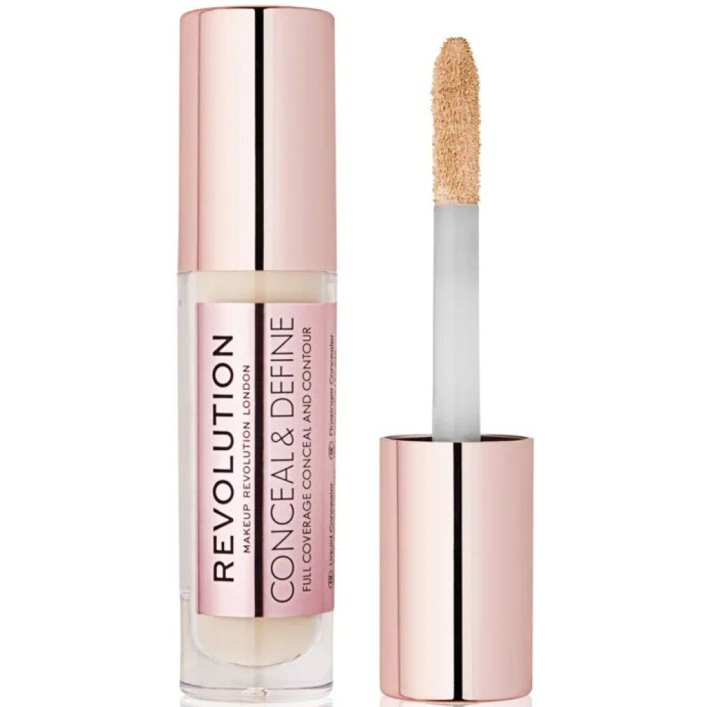 Concealer-Tube mit roségoldfarbenem Deckel. Applikator sichtbar. Aufkleber "REVOLUTION CONCEAL & DEFINE".