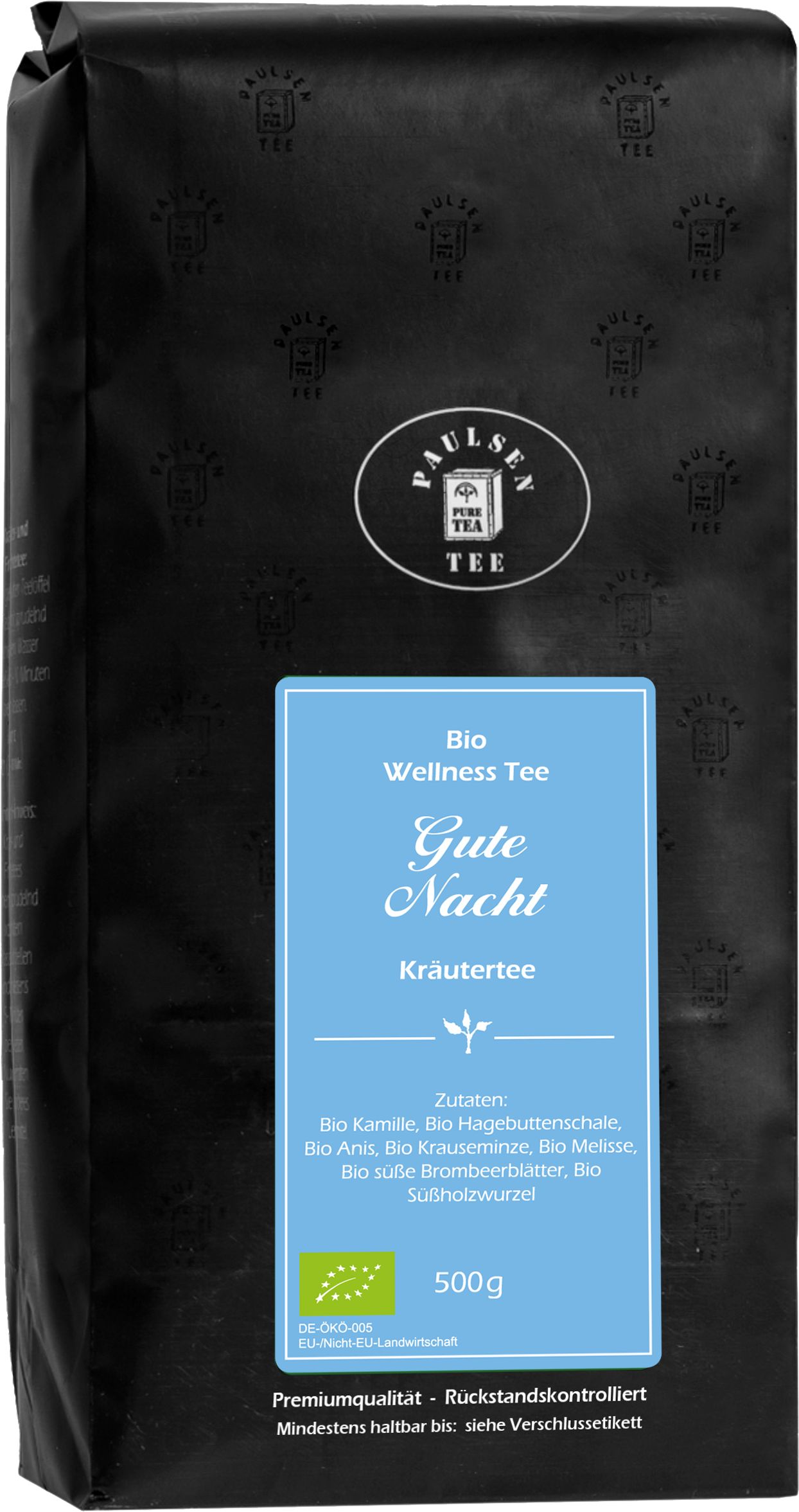 Schwarze Verpackung mit "Paulsen Tee" Logo. Blaue Etikett mit "Gute Nacht Kräutertee". Zutatenliste und Bio-Siegel.