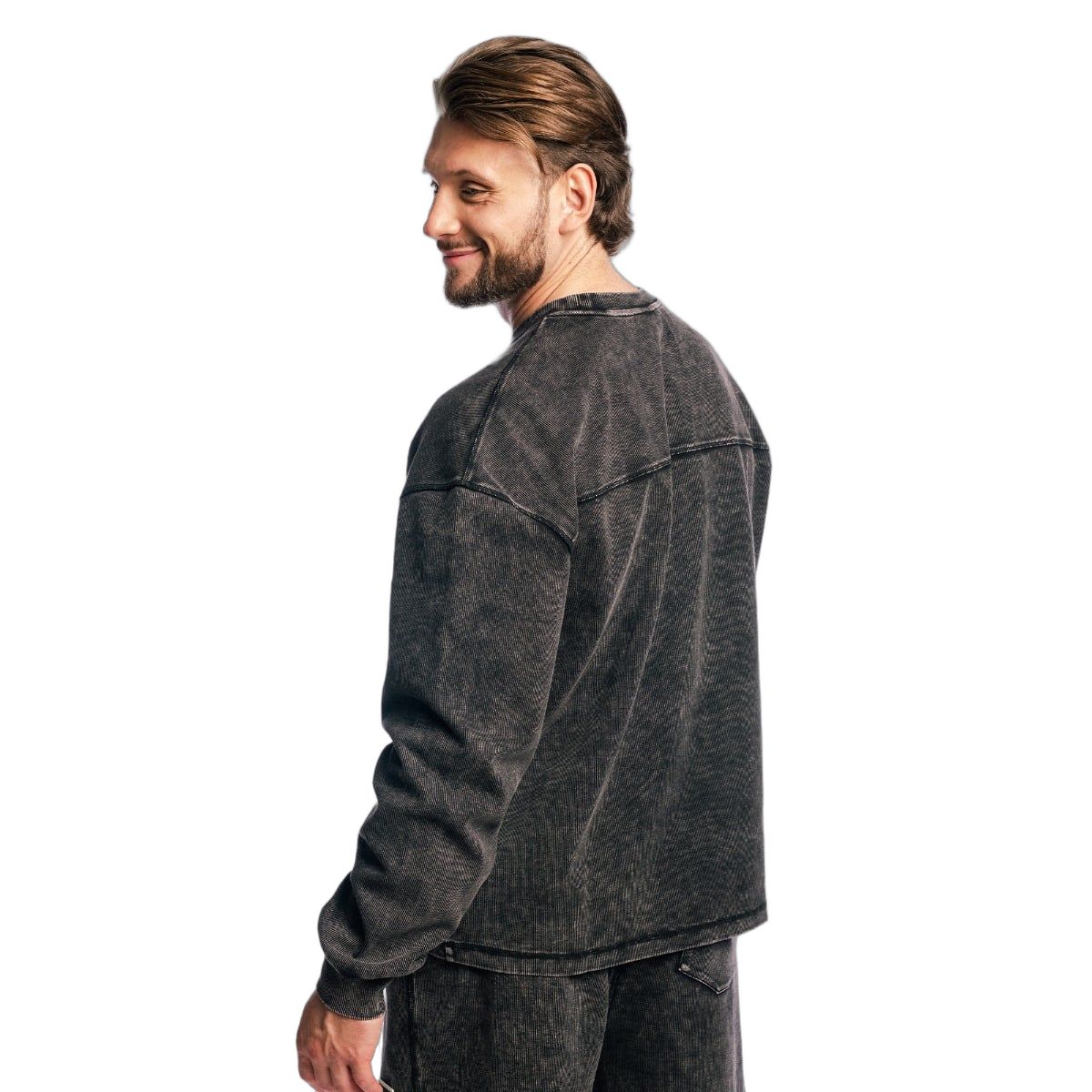 Herren Oversized Sweatshirt in Washed Black, Seitenansicht.