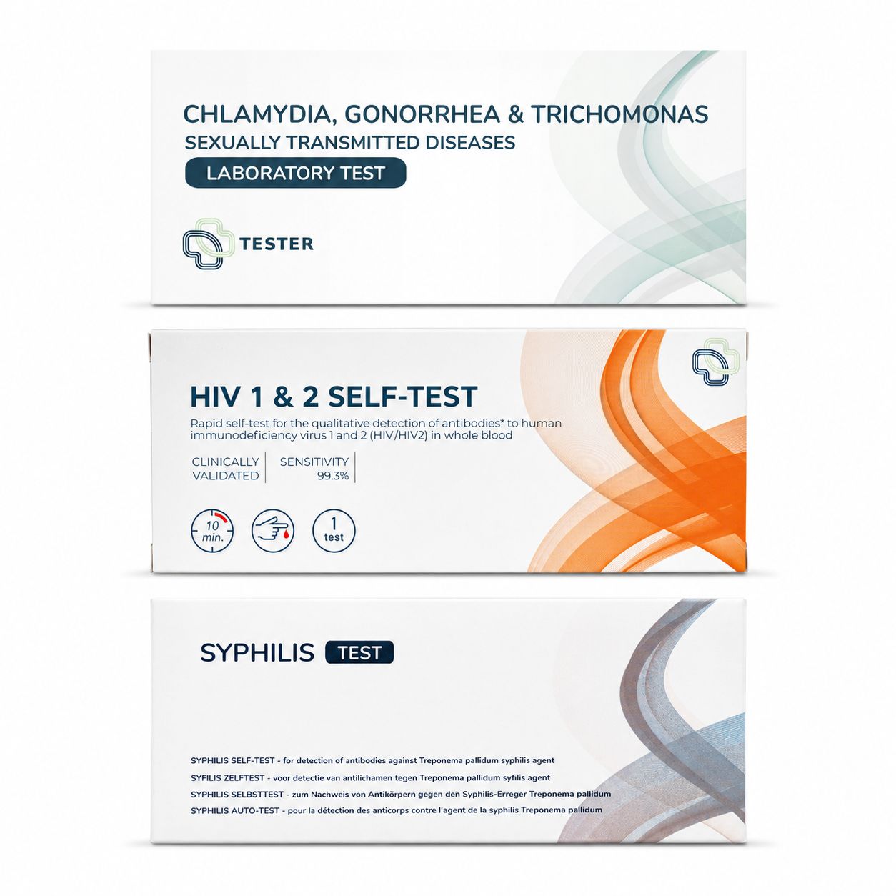 Drei Testkits: Chlamydien/Gonorrhoe/Trichomonaden Labor, HIV 1&2 Selbsttest, Syphilis Selbsttest.
