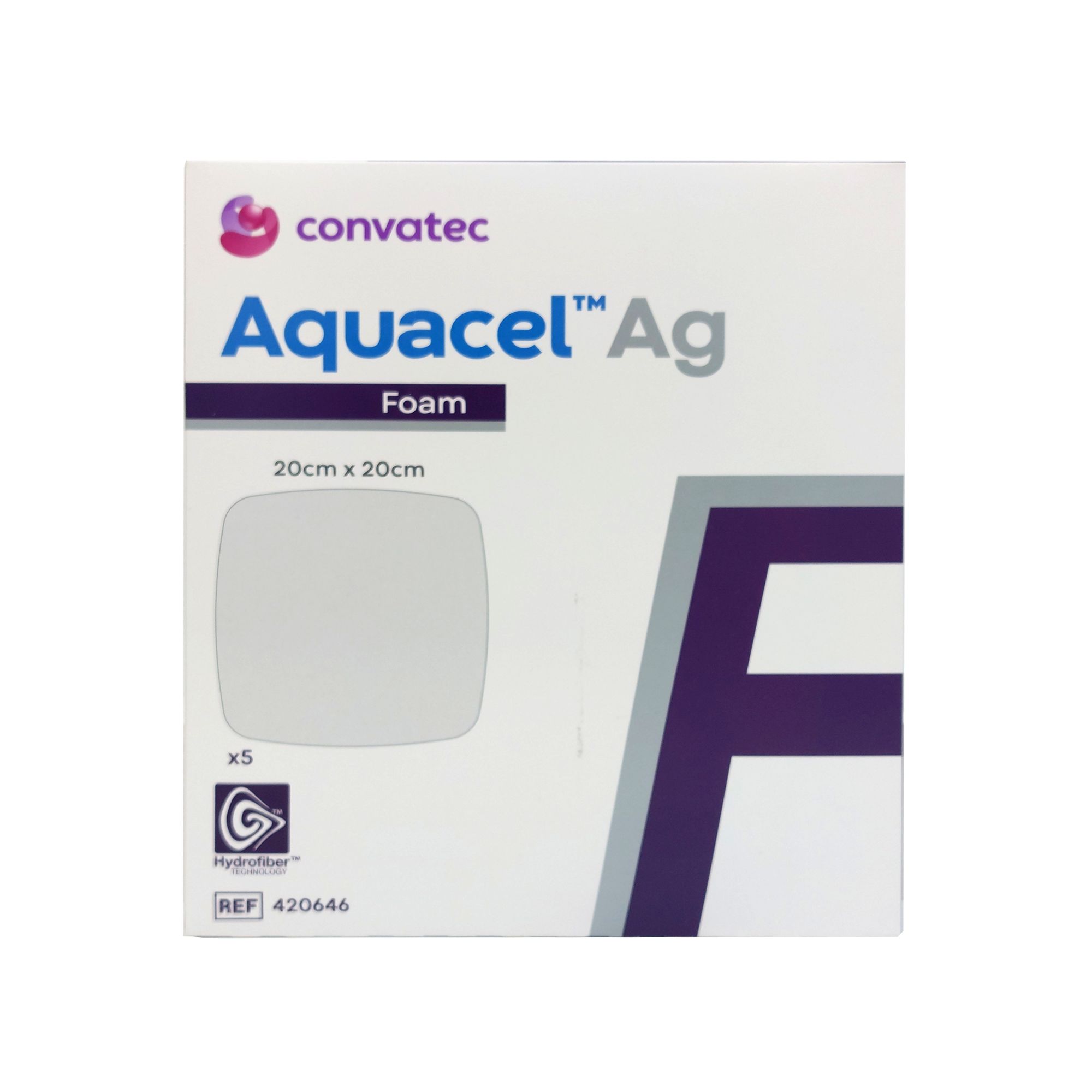 Verpackung von Aquacel Ag Foam. Enthält 5 Stück, 20x20 cm. Marke Convatec. Mit Hydrofiber-Logo.