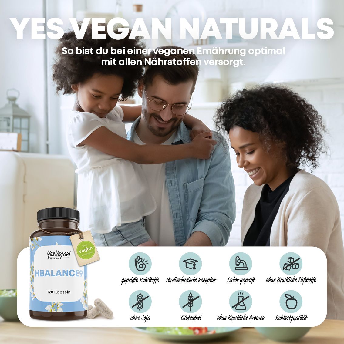 Familie im Hintergrund, Dose HBALANCE9 und Icons für vegane Ernährung und Nährstoffe.