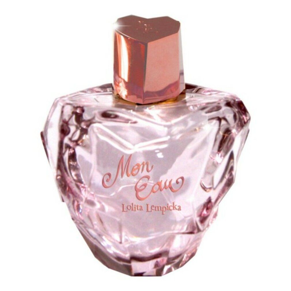 Rosa Parfümflakon, herzförmig, mit rosafarbenem Verschluss. Aufschrift "Mon Eau" und "Lolita Lempicka".