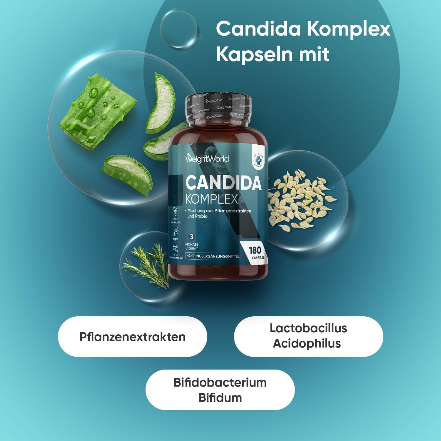 Produktabbildung mit Zutaten. Braune Flasche Candida Komplex, 180 Kapseln. Aloe Vera, Lactobacillus Acidophilus, Bifidobacterium Bifidum.