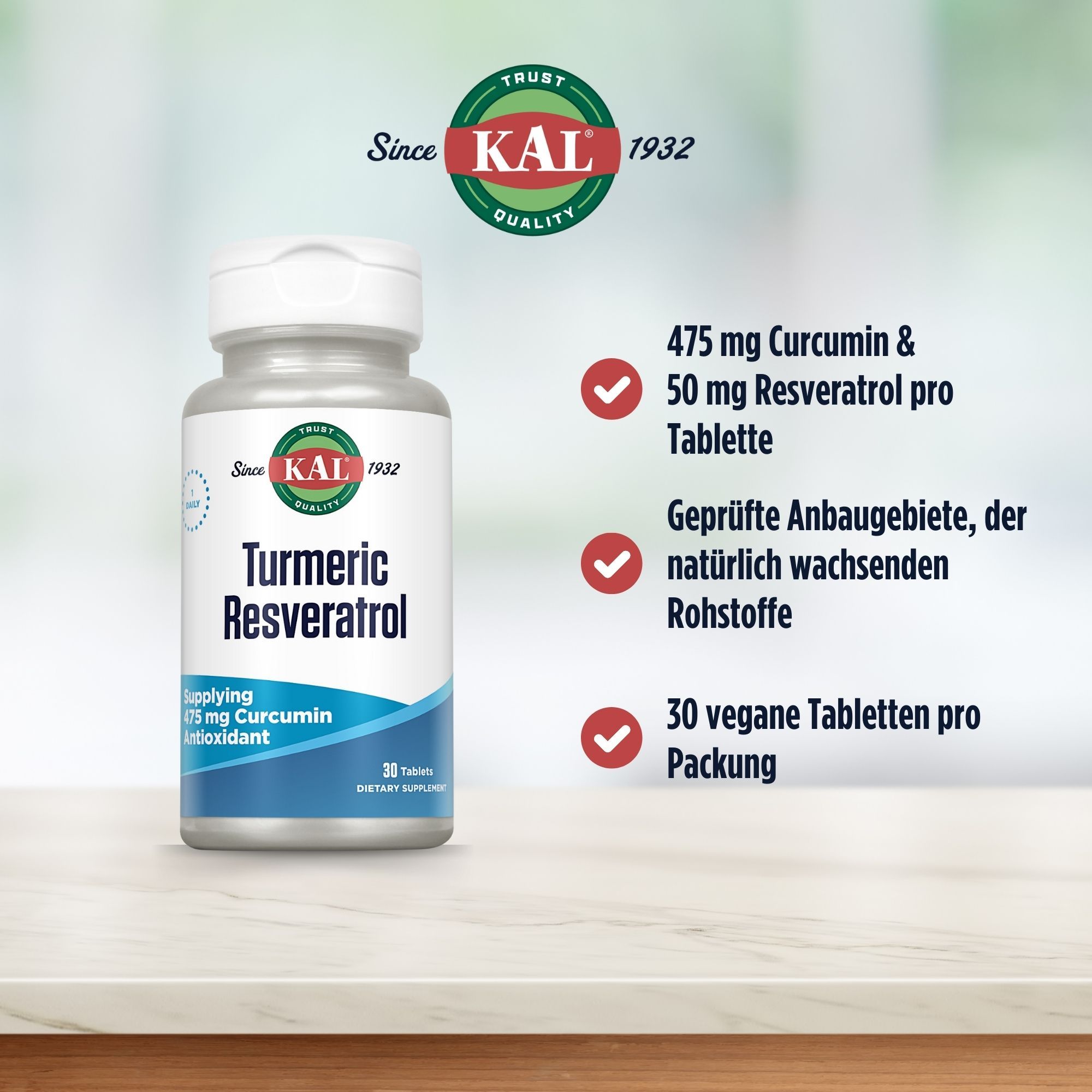 Solaray Turmeric Resveratrol Flasche. Text: 475 mg Curcumin & 50 mg Resveratrol pro Tablette. 30 vegane Tabletten pro Packung.