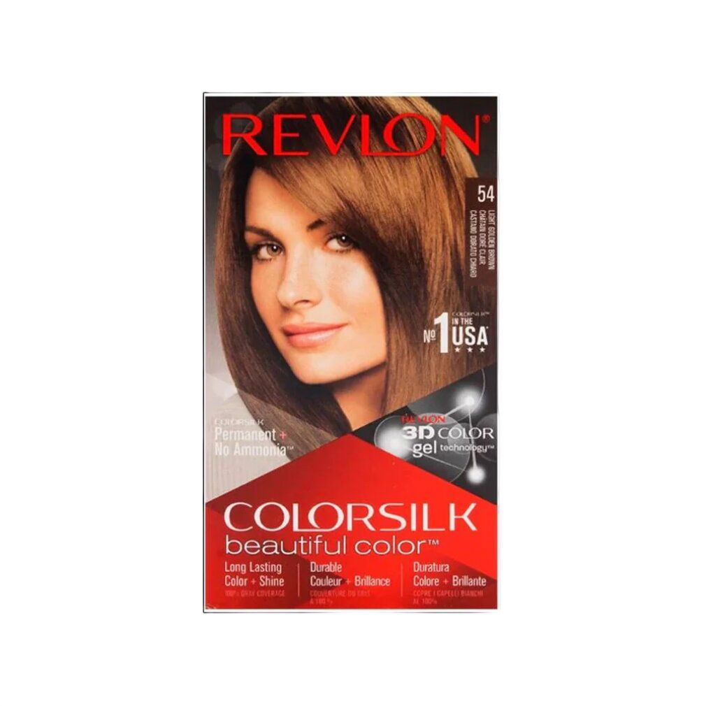 Revlon Colorsilk 54 Hellgoldbraun Haarfarbe-Verpackung. Frau mit braunen Haaren abgebildet. Produktname und Farbton deutlich sichtbar.