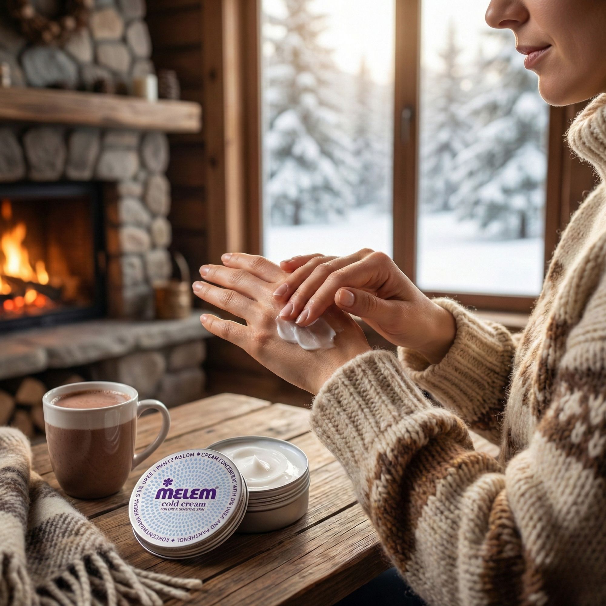 Person trägt Creme auf. Neben Dose Melem Cold Cream. Kaffeetasse und Decke auf Tisch.