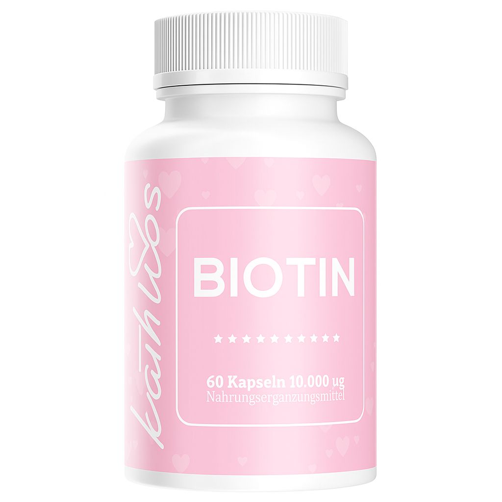 Weiße Flasche mit rosa Etikett. Aufschrift: BIOTIN, 60 Kapseln, 10.000 ug. Marke Kathless.