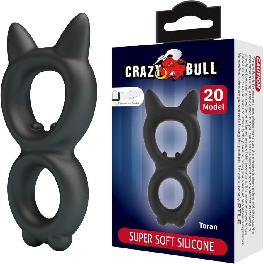 Verpackung von Crazy Bull Toran. Schwarzer Doppel-Penisring mit Katzenohren-Design. Produktname und Marke sichtbar.