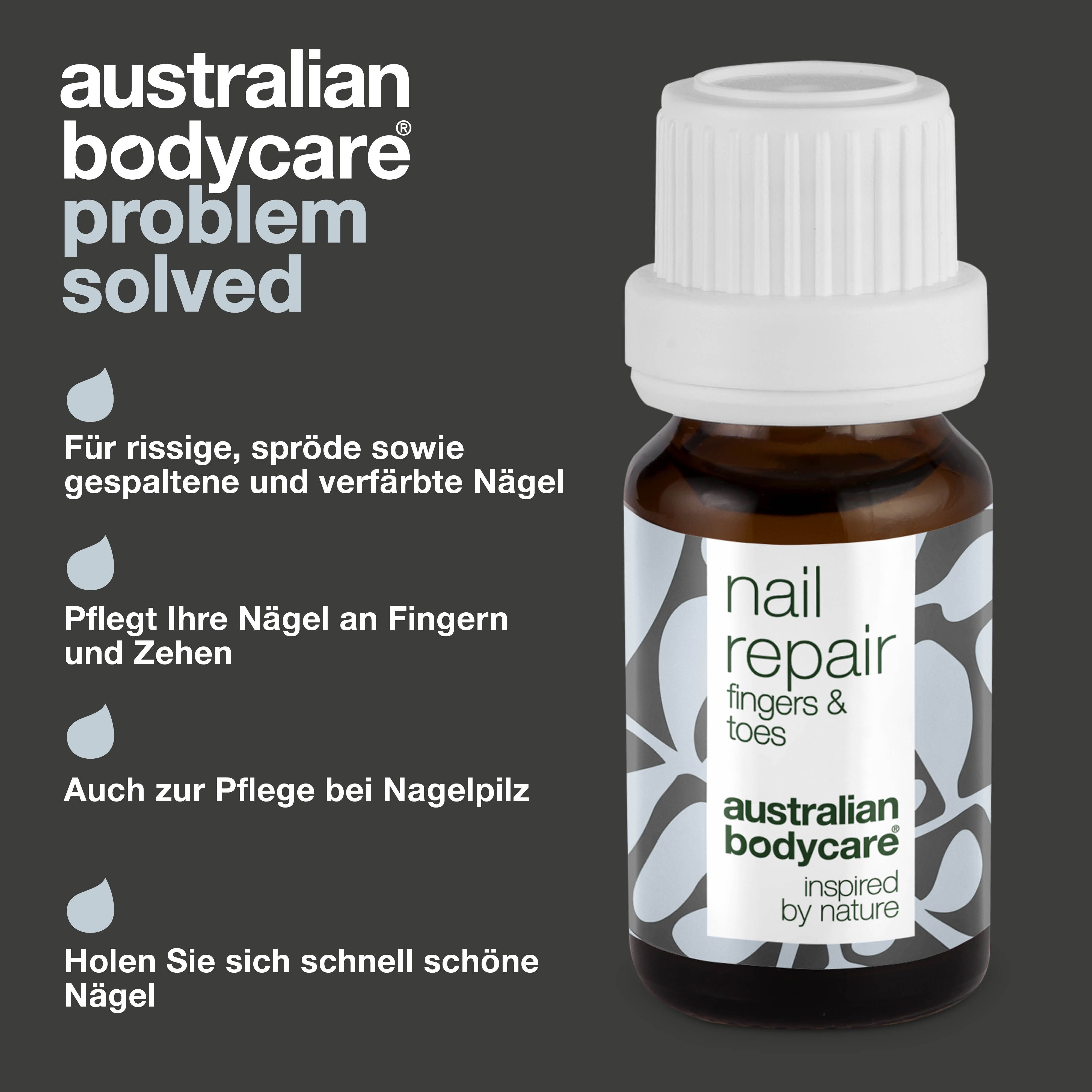 Flasche. Aufschrift: nail repair fingers & toes. Marke: Australian Bodycare. Text über Bewertungen.