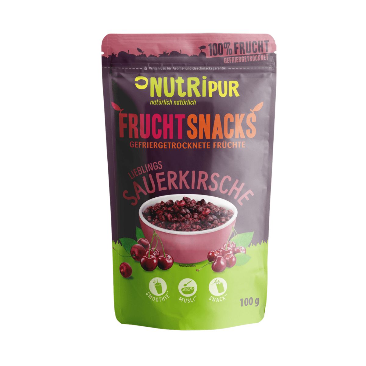 NutriPur Sauerkirschen-Packung. 100g. Weißer Hintergrund.