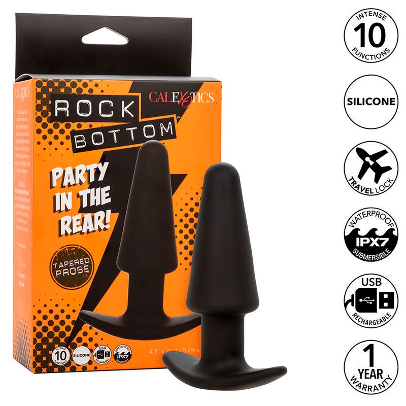 Schwarze, konische Sonde mit T-förmigem Griff. Verpackung mit Produktname "Rock Bottom" und Logos. Merkmale: 10 Funktionen, Silikon, wasserdicht.