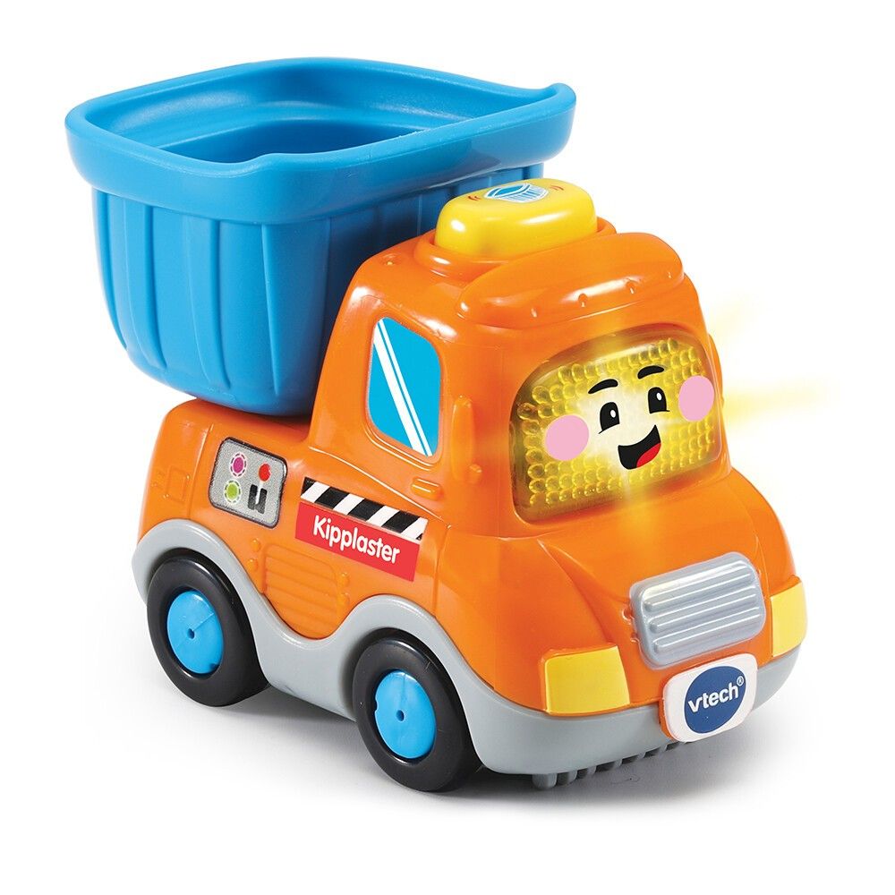 Orangefarbener Kipplaster mit blauem Kippbehälter. Vtech-Logo. Aufschrift Kipplaster. Gelbe Lichter und Räder.
