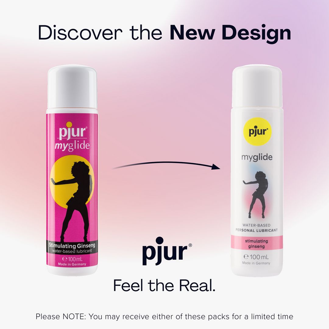 Zwei Flaschen, eine pink, eine weiß. Aufschrift: pjur myglide, Abbildung einer Person, Text. Pfeil zwischen den Flaschen.