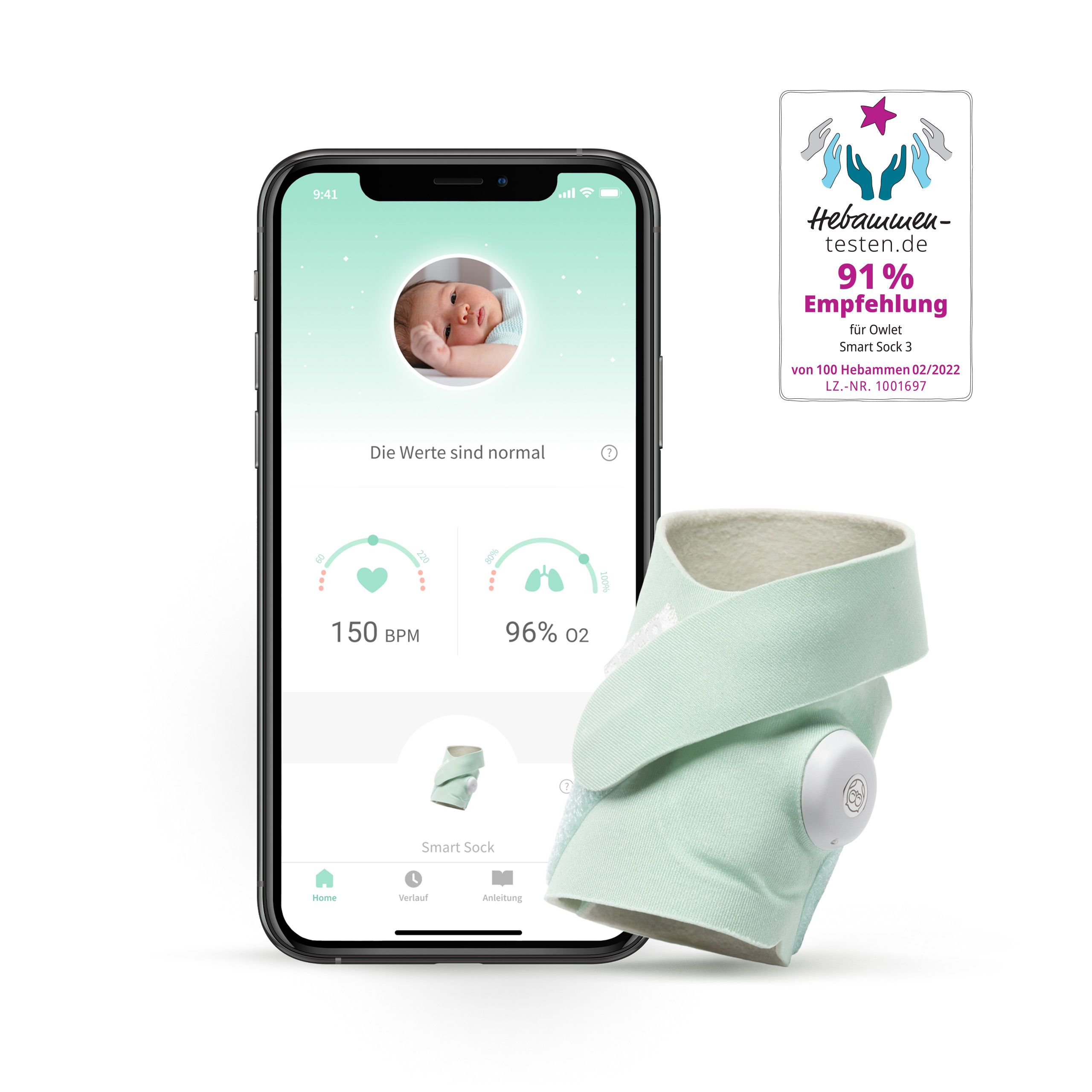 Hellgrüner Smart Sock am Fuß eines Babys, daneben Smartphone mit App-Anzeige. Zertifizierungslogo rechts.