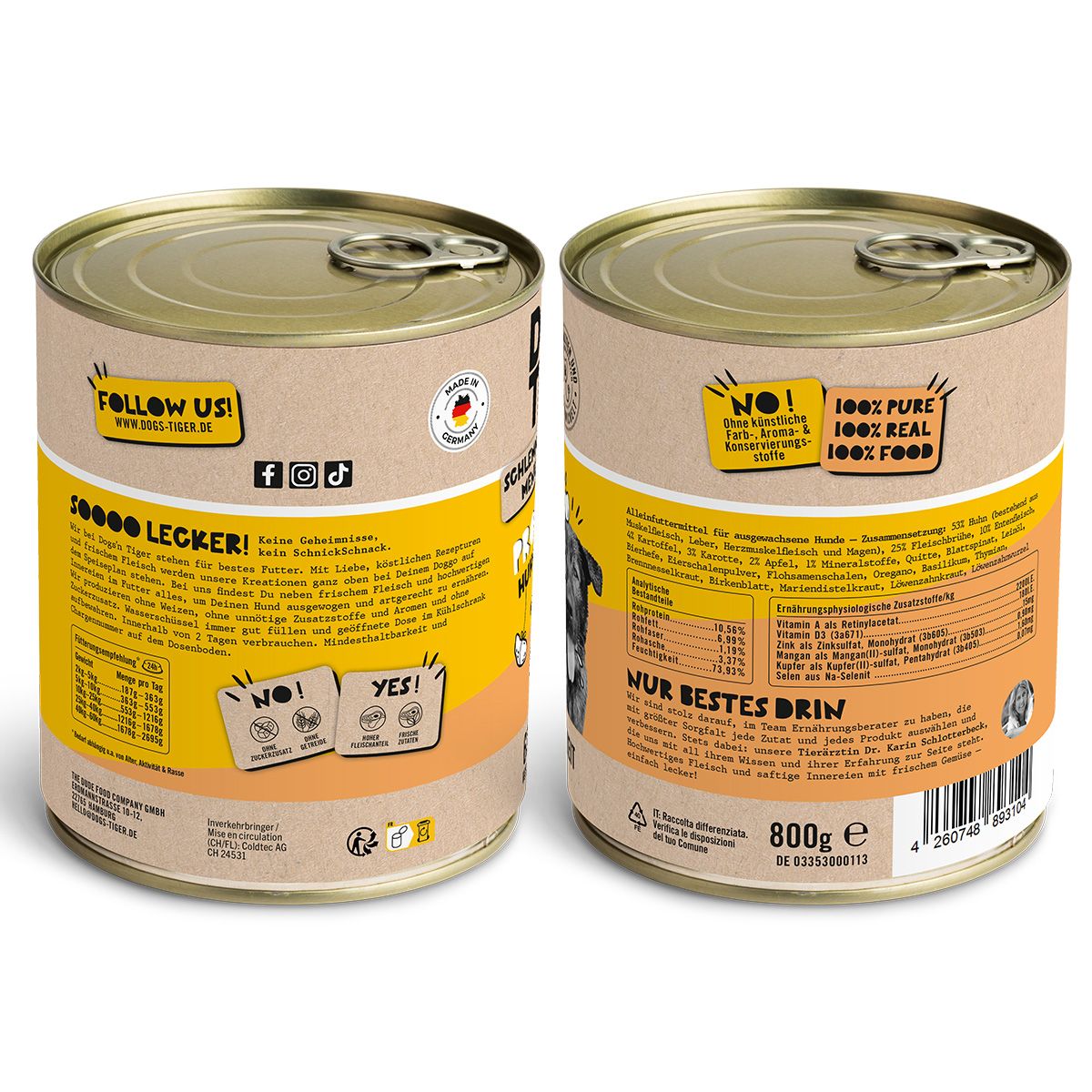 Zwei Dosen Hundefutter. Rückseite mit Informationen zu Inhaltsstoffen und Nährwerten. 800g.