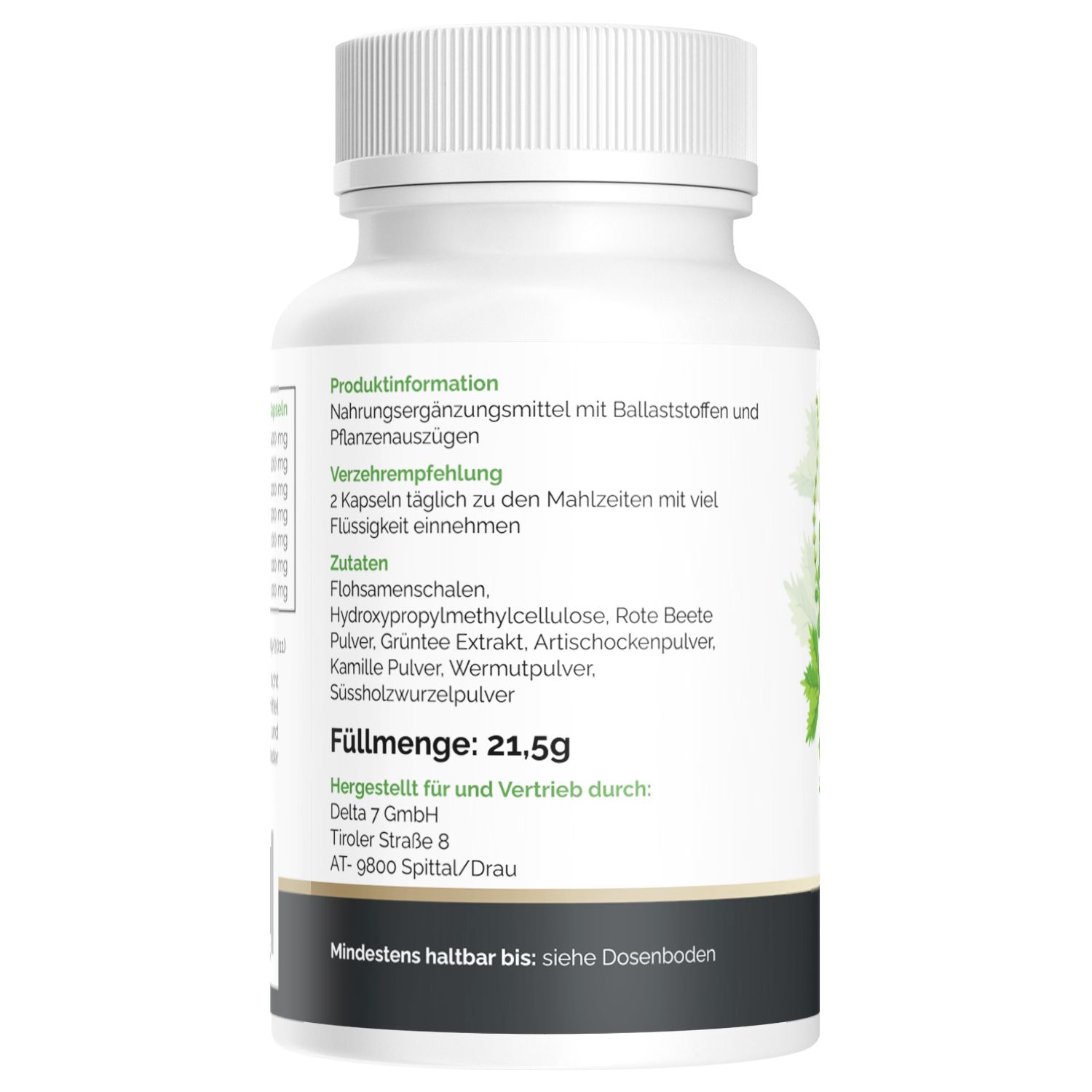 Rückseite einer weißen Flasche. Produktinformationen und Zutatenliste. Füllmenge: 21,5g. Mindestens haltbar bis: siehe Dosenboden.