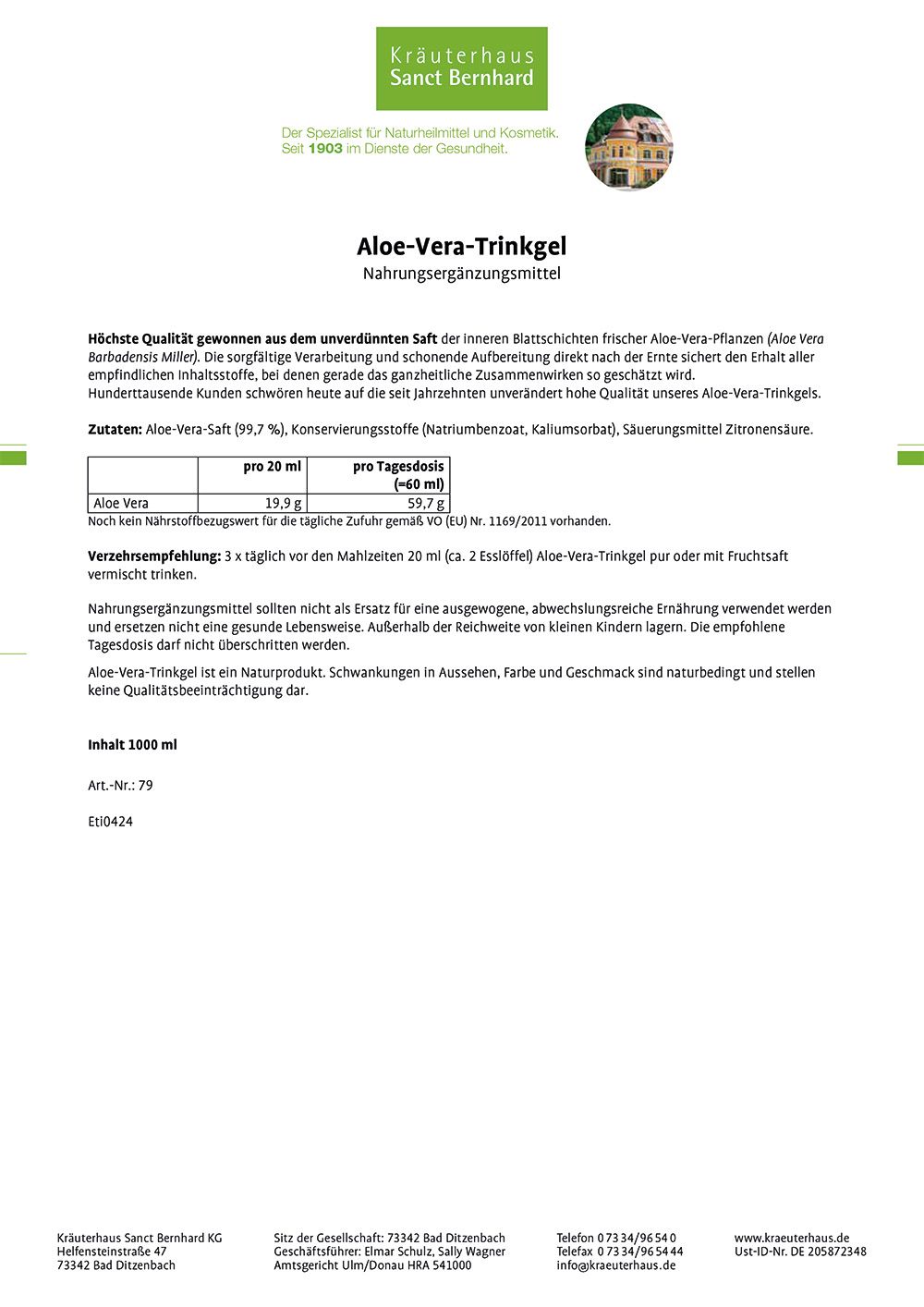 Sanct Bernhard Aloe-Vera-Trinkgel unverdünnt