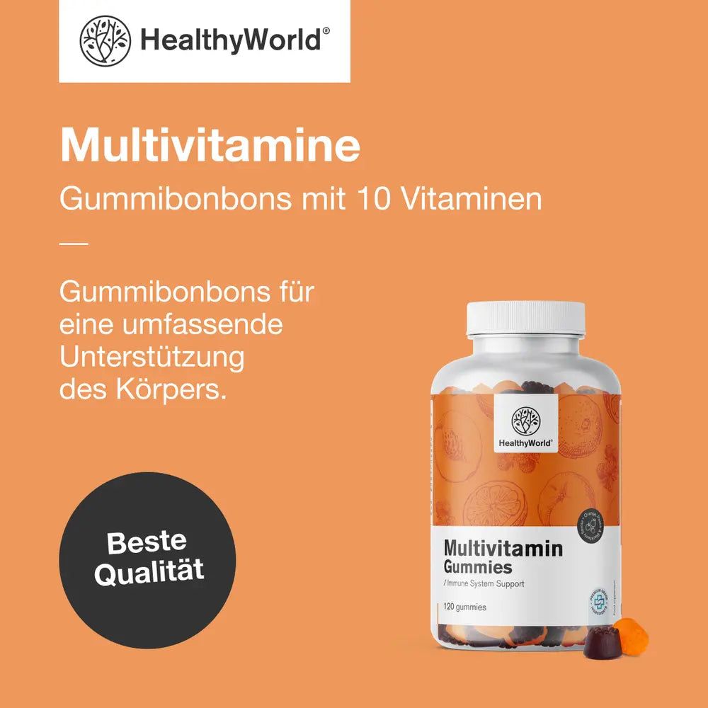 Flasche Multivitamin Gummies. Logo: HealthyWorld. Text: Multivitamine Gummibonbons mit 10 Vitaminen, Beste Qualität.