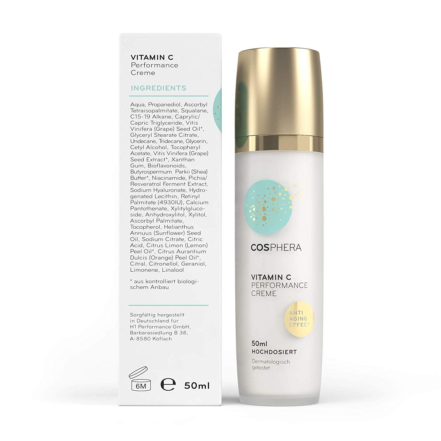 Cosphera Vitamin C Creme Flasche und Faltschachtel. Beide zeigen Produktname und Inhaltsstoffe.