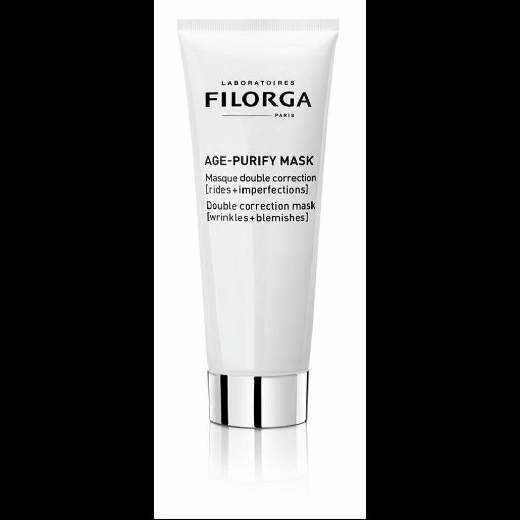 Weiße Tube mit silbernem Boden. Aufschrift: FILORGA, AGE-PURIFY MASK. Doppelkorrektur Maske für Falten und Hautunreinheiten.