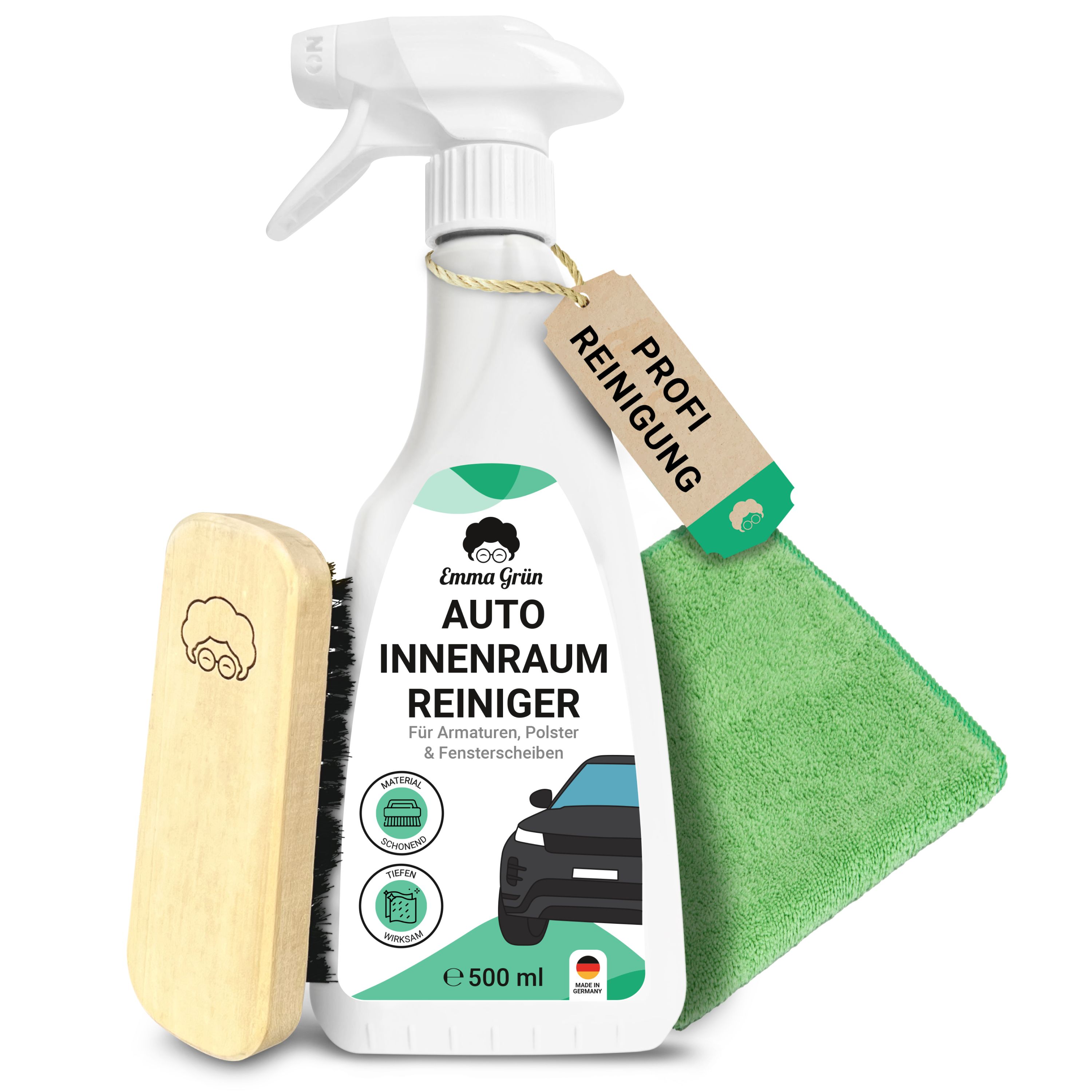 Reiniger-Set mit Sprühflasche, Bürste und Tuch. Enthält "Emma Grün Auto Innenraum Reiniger". Mit "Profi Reinigung" Anhänger.