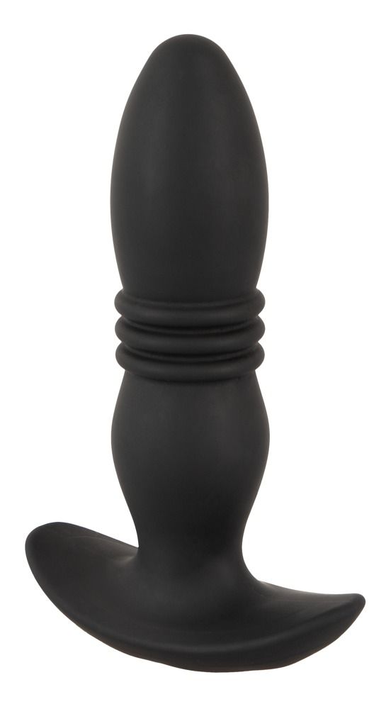 Schwarzes, kegelförmiges Wellness-Produkt mit geriffelter Mitte und T-förmiger Basis. Aus glattem Material.