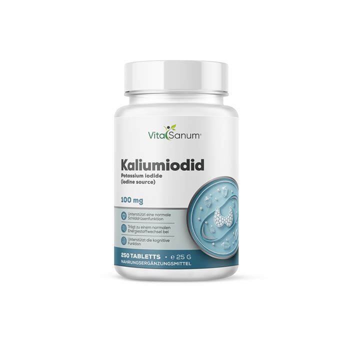 Weißes Tabletten-Glas mit Aufschrift 'VitaSanum Kaliumiodid'. Enthält 250 Tabletten. Darstellung einer Schilddrüse.