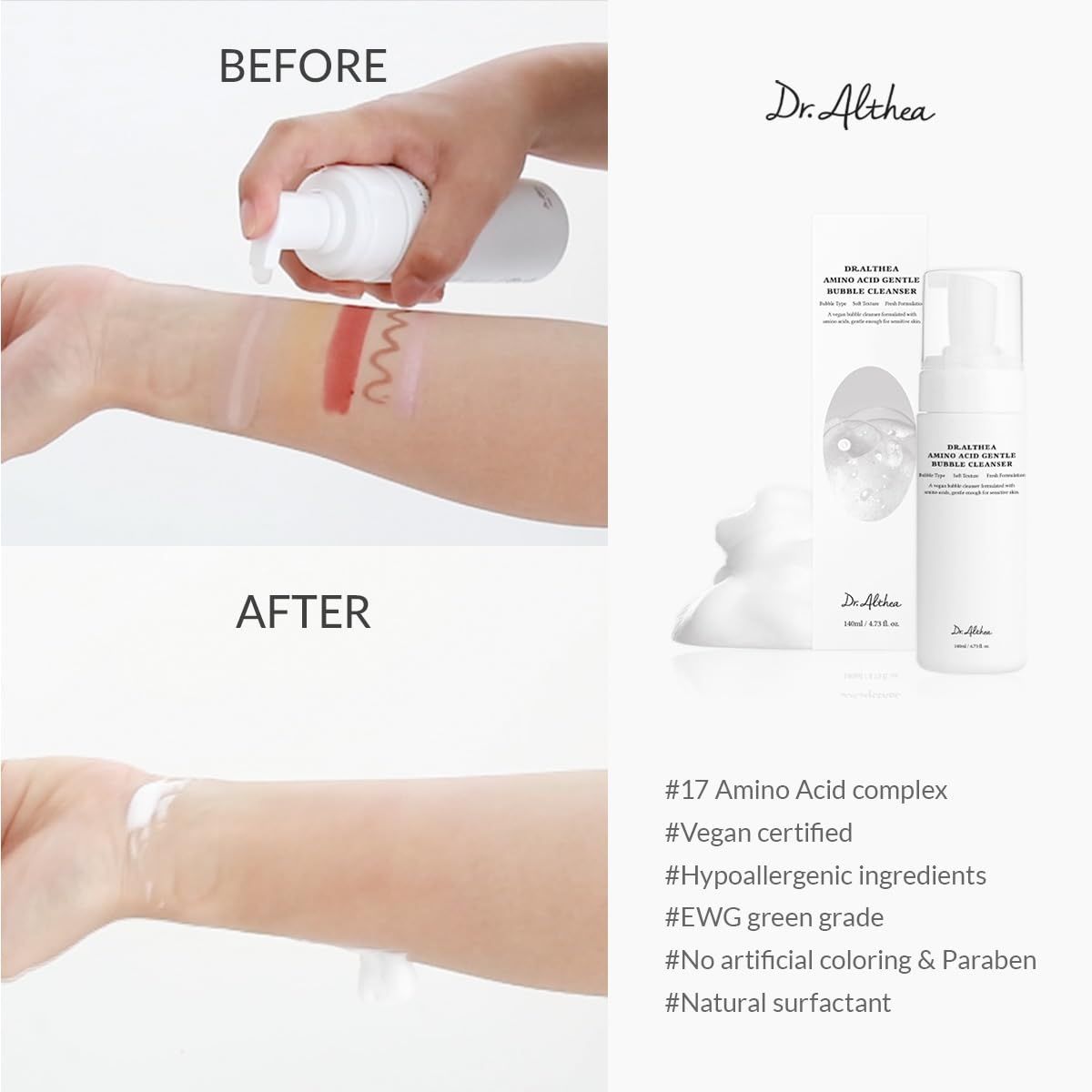 Vergleich: Arm mit Make-up vor und nach der Reinigung. Flasche und Verpackung daneben.