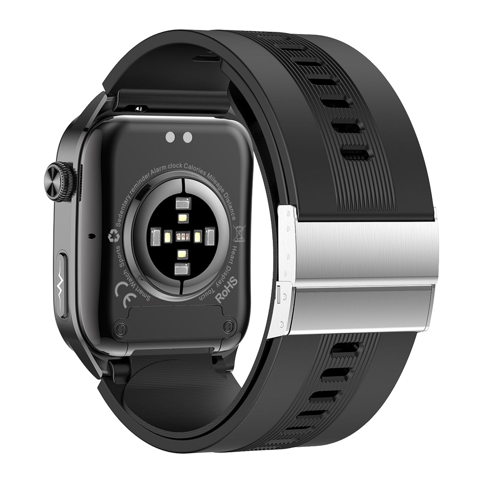 Rückseite einer Senioren-Smartwatch. Sensoren, CE- und RoHS-Kennzeichnung sichtbar. Schwarzes Armband mit Metallschnalle.