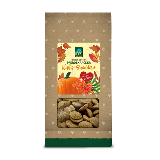 Pferdekräcker Kürbis-Sanddorn in brauner Papiertüte mit Sichtfenster. Aufdruck mit Kürbis, Sanddorn und Herbstmotiven.