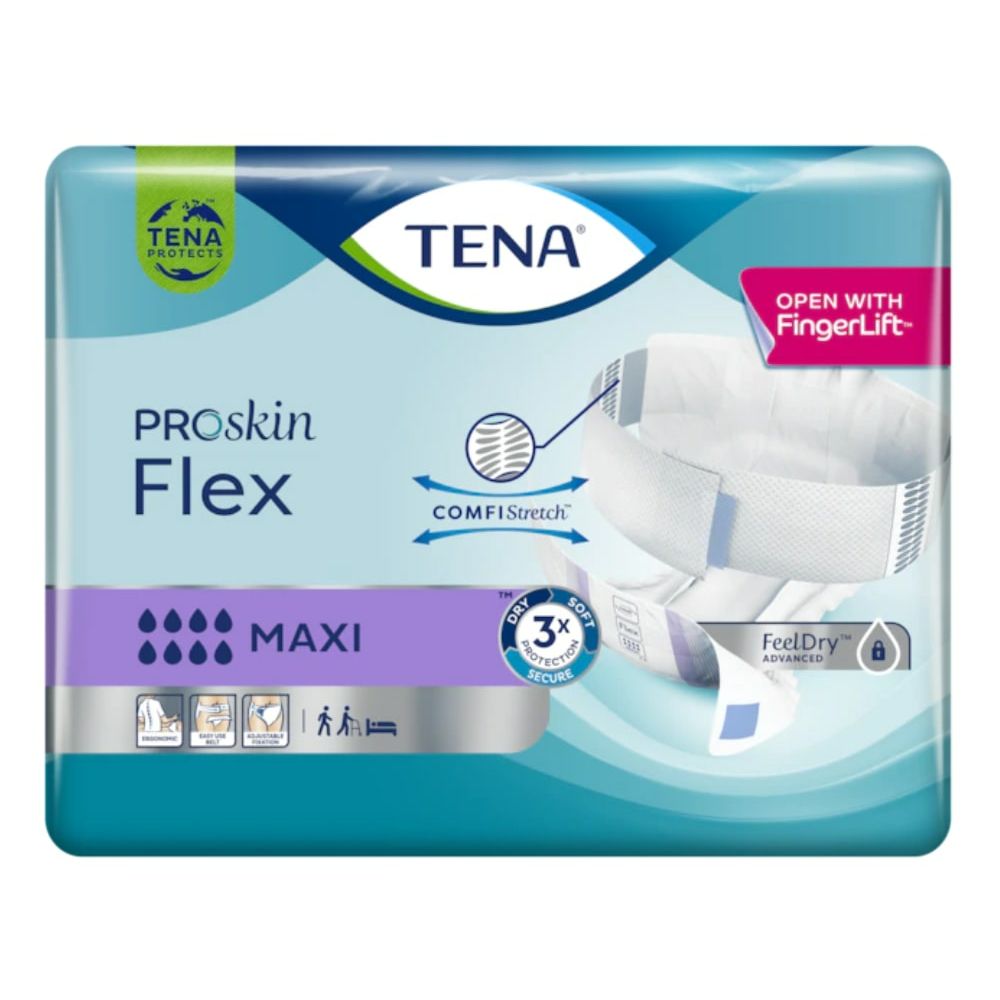 TENA Flex Maxi-Packung. Blaue Verpackung mit Produktabbildung und Produktbezeichnungen. Sichtbare Merkmale: ComfiStretch, FeelDry Advanced.