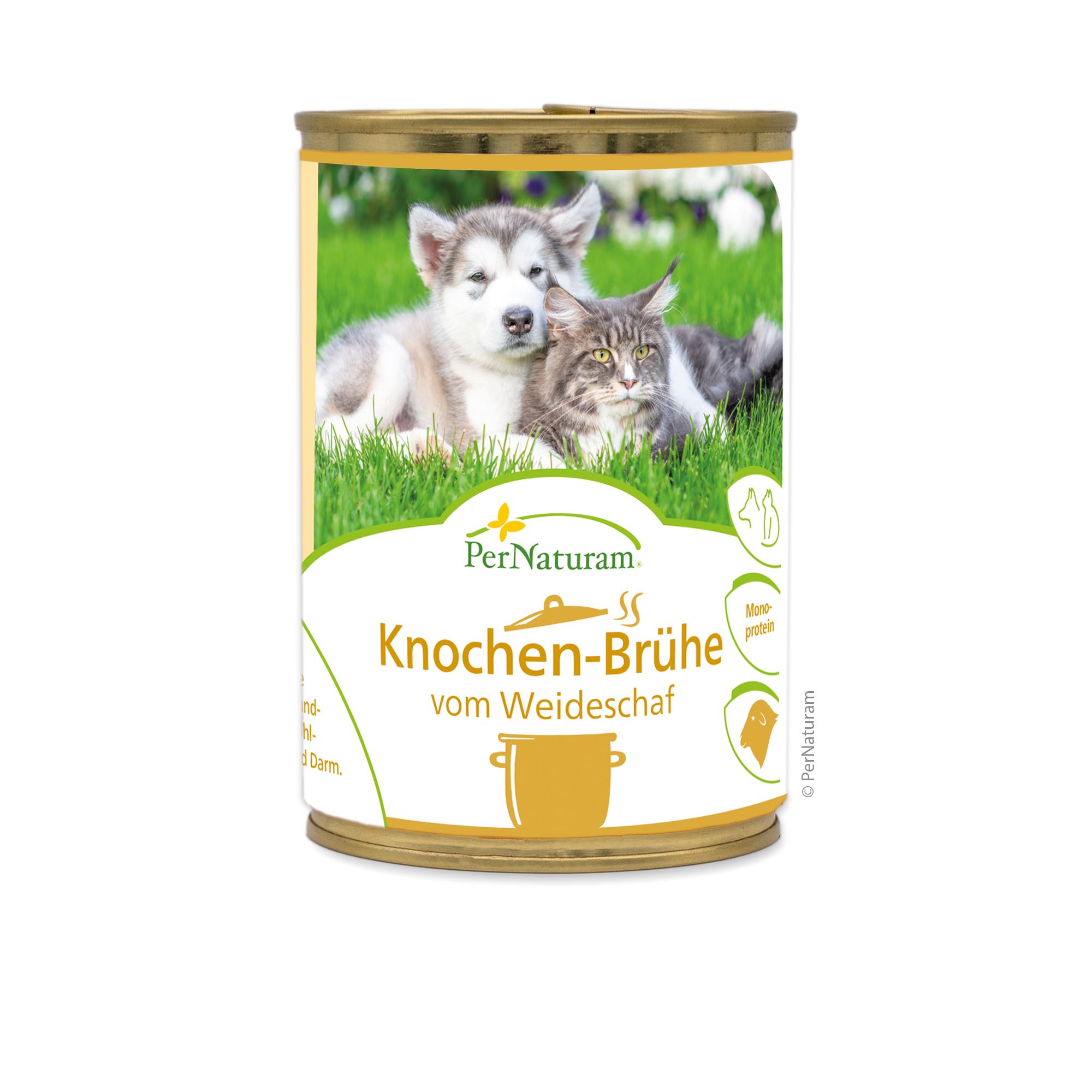 Konservendose mit Etikett. Auf dem Etikett: Welpe und Katze im Gras, Schriftzug Knochen-Brühe vom Weideschaf und Logo.