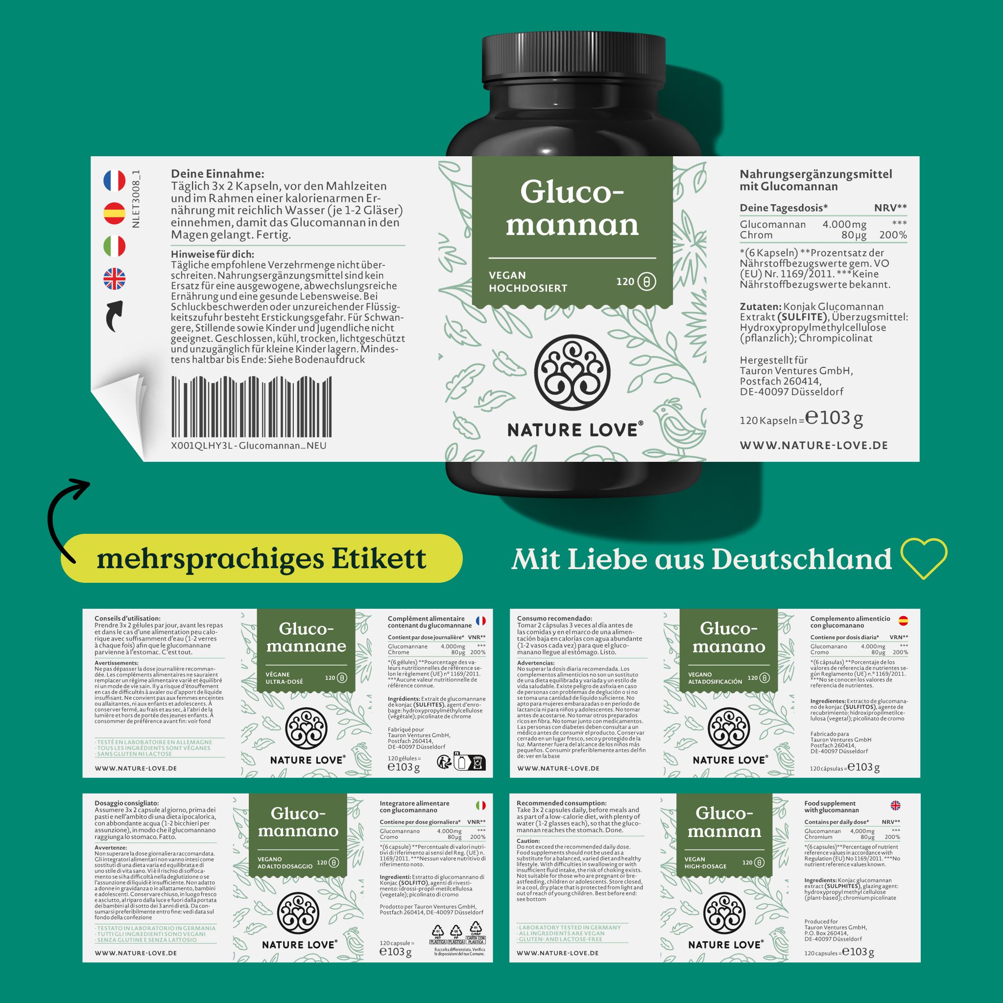 Produktflasche mit abgelöstem Etikett. Mehrsprachige Etiketten in verschiedenen Sprachen. Aufschrift: Glucomannan. Mit Liebe aus Deutschland.